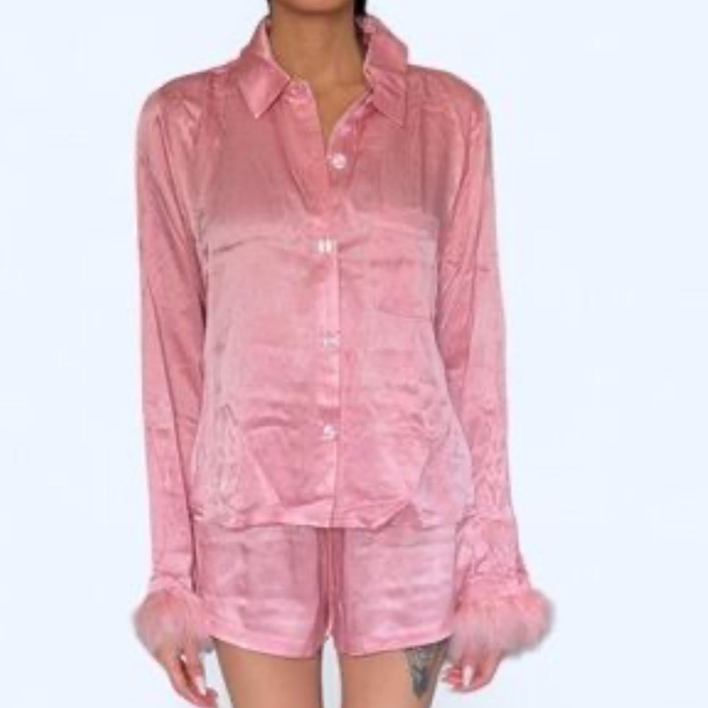 Forever 21 Women's Size Medium Satin Button Down Shirt Pink Fuzzy Cuffs Long Slv
